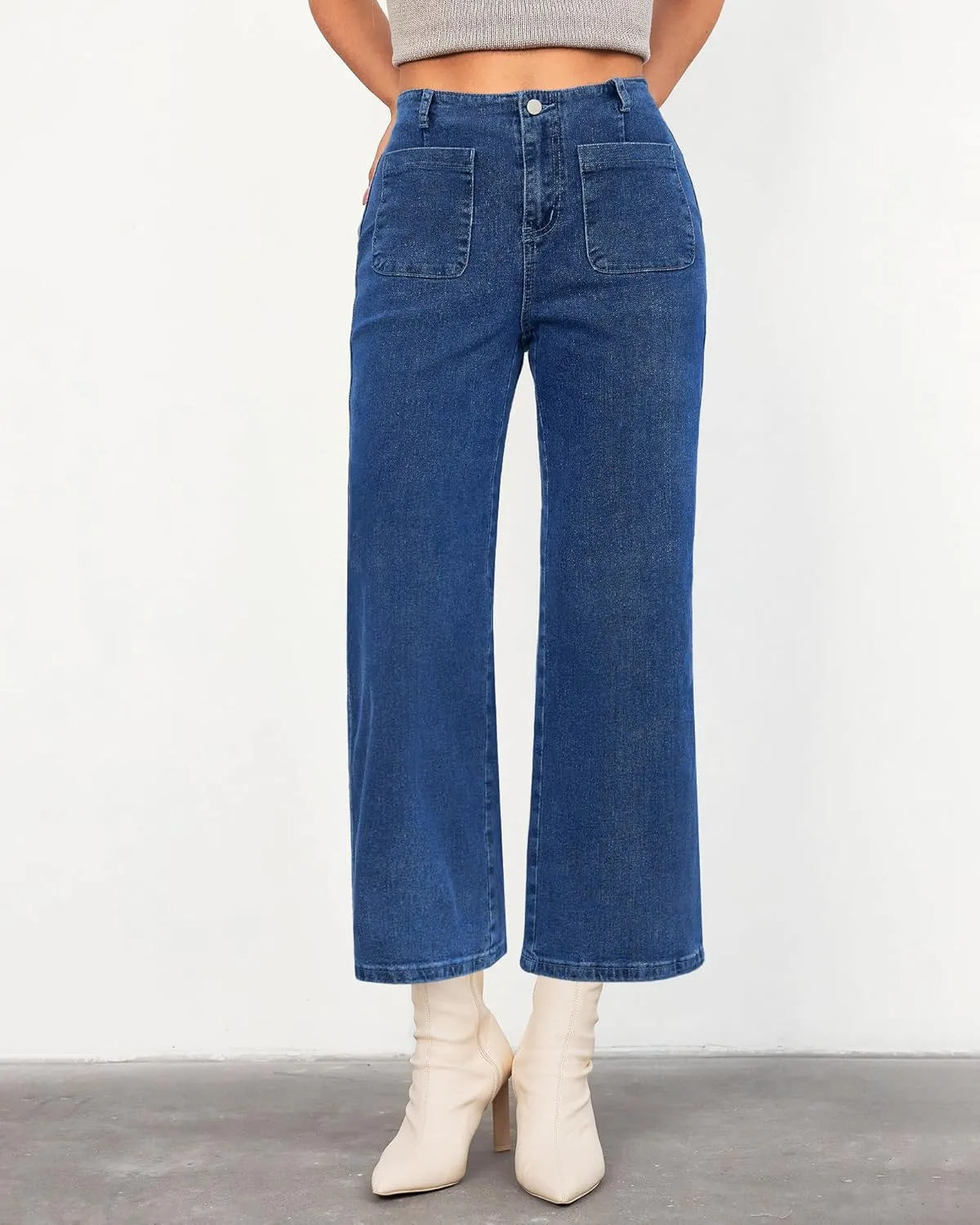 LookbookStore Womens Jeans High Waisted Trendy Cropped Wide Leg Baggy Stretchy Denim Jean Pants Pocket Trousers Jeans