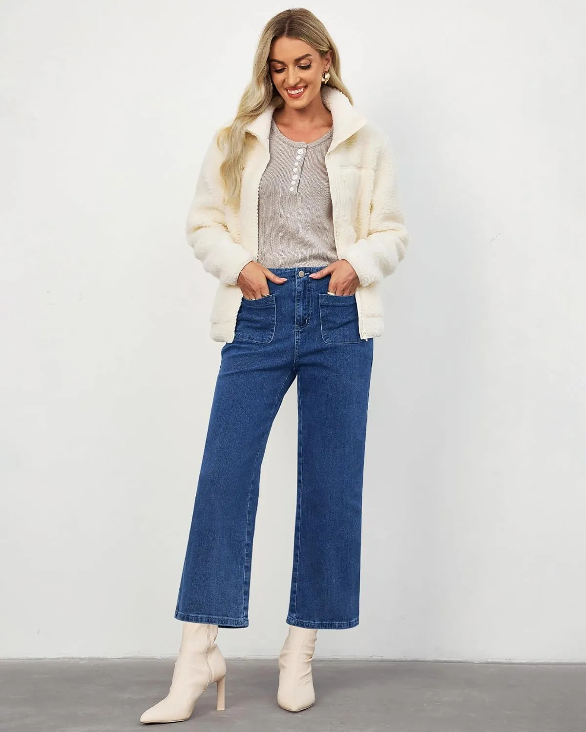 LookbookStore Womens Jeans High Waisted Trendy Cropped Wide Leg Baggy Stretchy Denim Jean Pants Pocket Trousers Jeans