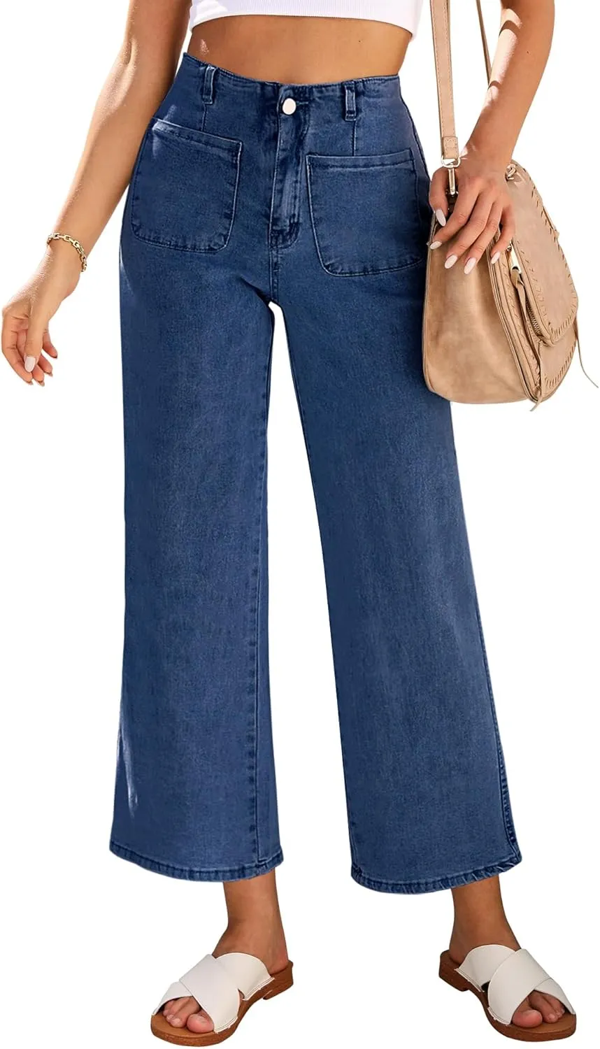 LookbookStore Womens Jeans High Waisted Trendy Cropped Wide Leg Baggy Stretchy Denim Jean Pants Pocket Trousers Jeans