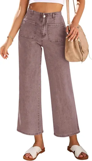 LookbookStore Womens Jeans High Waisted Trendy Cropped Wide Leg Baggy Stretchy Denim Jean Pants Pocket Trousers Jeans