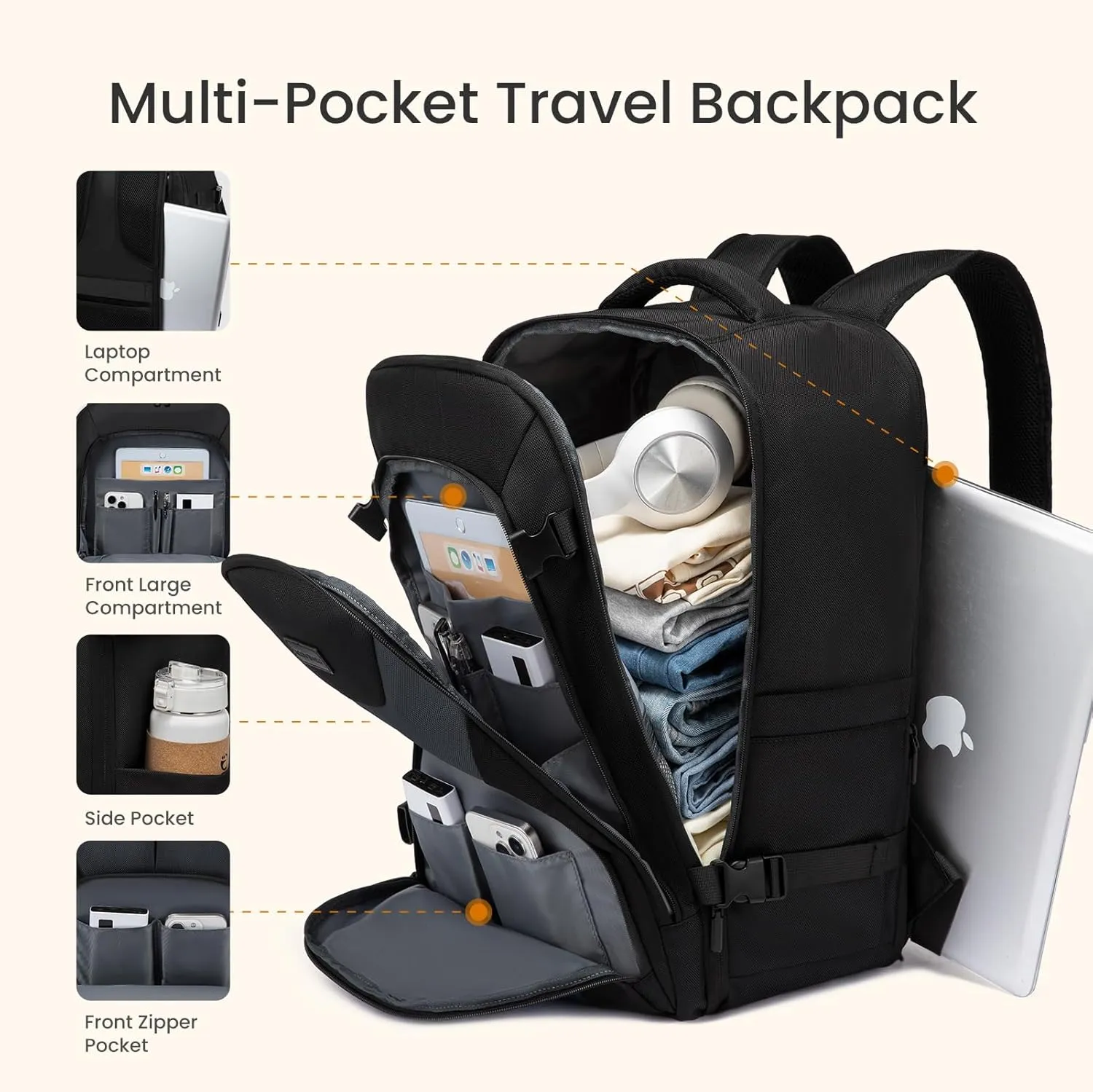 LOVEVOOK Travel Backpack,Expandable 50L Extra Large Travel Backpack for Men & Women,Carry on Backpack for Airplanes with 2 Packing Cubes, TSA Personal Item Travel Bag fits 18 inch Laptop,Black-Grey