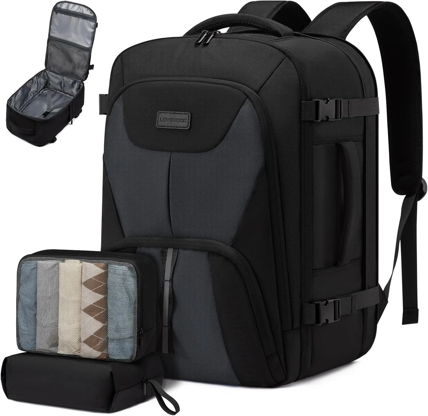 LOVEVOOK Travel Backpack,Expandable 50L Extra Large Travel Backpack for Men & Women,Carry on Backpack for Airplanes with 2 Packing Cubes, TSA Personal Item Travel Bag fits 18 inch Laptop,Black-Grey