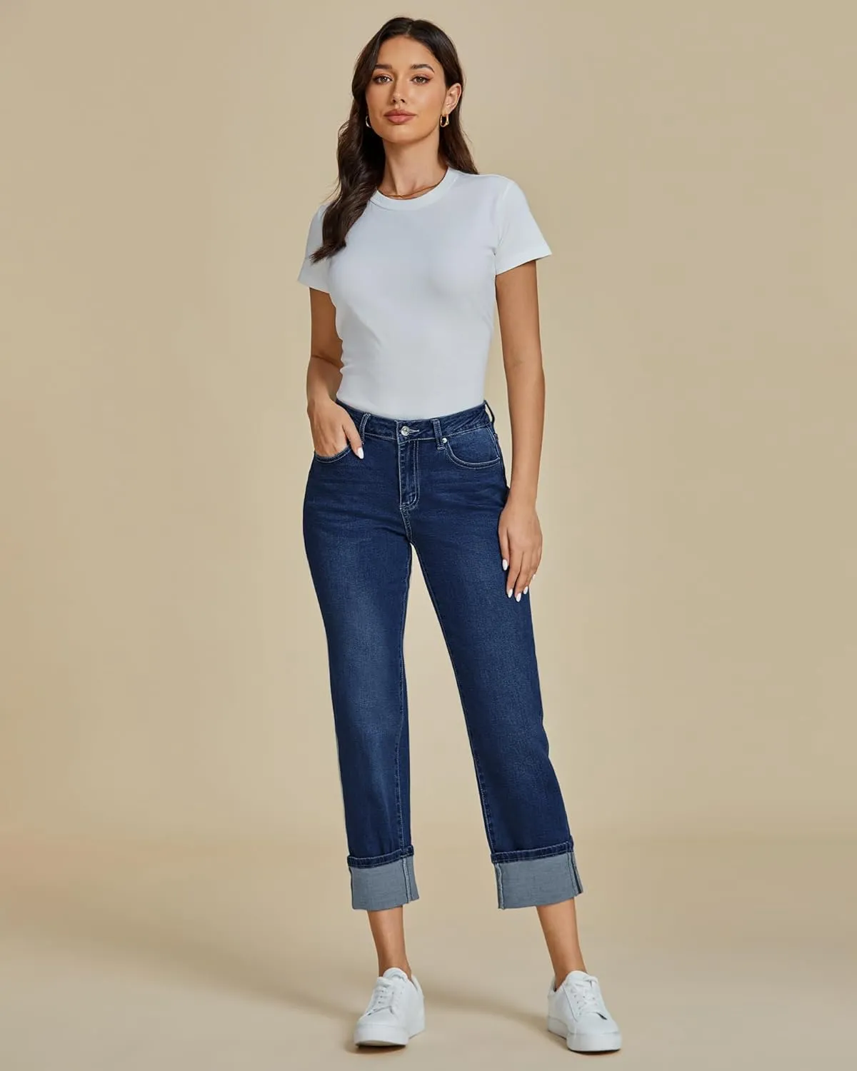 luvamia Straight Leg Jeans for Women Trendy Cropped High Waisted Cuffed Hem Stretchy Boyfriend Capri Jeans with Pockets