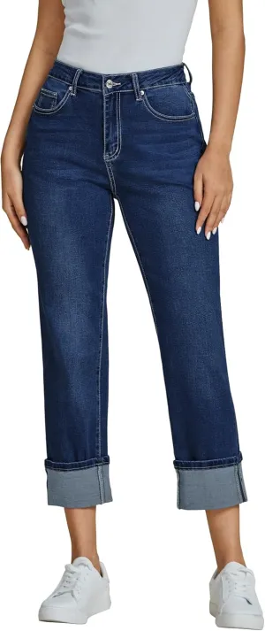 luvamia Straight Leg Jeans for Women Trendy Cropped High Waisted Cuffed Hem Stretchy Boyfriend Capri Jeans with Pockets