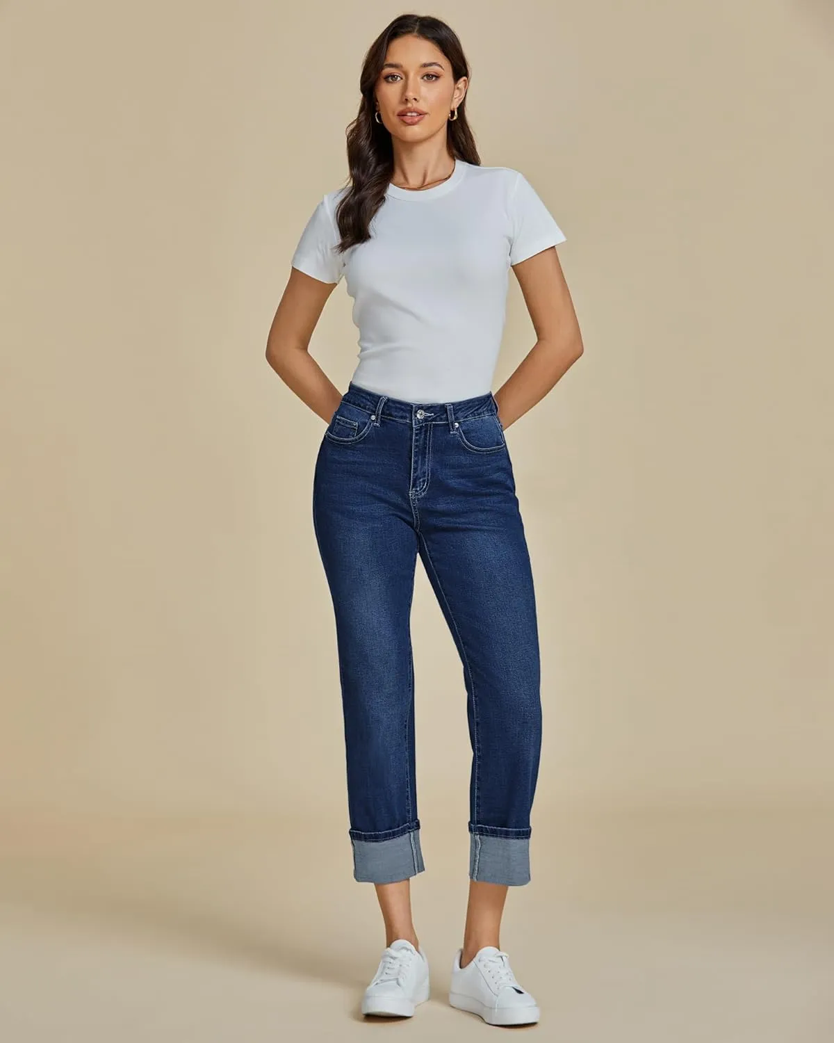 luvamia Straight Leg Jeans for Women Trendy Cropped High Waisted Cuffed Hem Stretchy Boyfriend Capri Jeans with Pockets