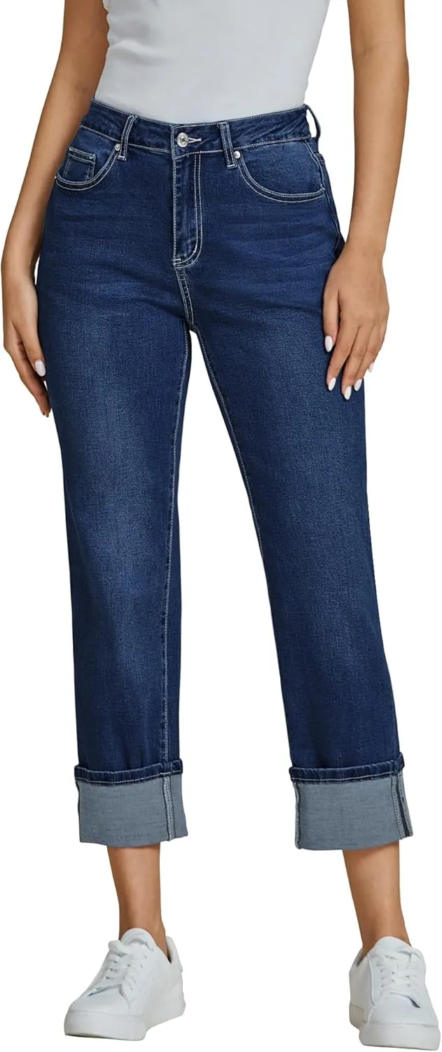 luvamia Straight Leg Jeans for Women Trendy Cropped High Waisted Cuffed Hem Stretchy Boyfriend Capri Jeans with Pockets