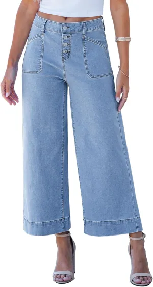 luvamia Wide Leg Jeans for Women Cropped High Waisted Trendy Button Fly Patch Pocket Stretchy Denim Pants Trousers Jeans