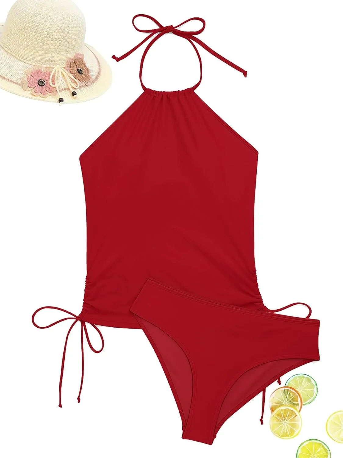 LVZIJUN Women's Tankini Sets Two Piece Bathing Suits Halter Neck Tummy Conrol Tankini Swimsuits Solid Color Thong Bottom