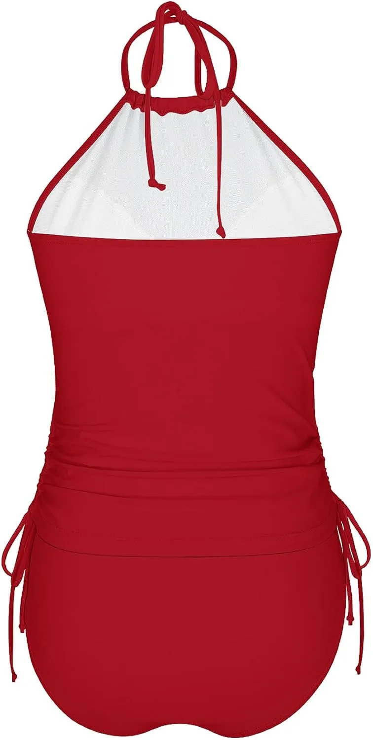 LVZIJUN Women's Tankini Sets Two Piece Bathing Suits Halter Neck Tummy Conrol Tankini Swimsuits Solid Color Thong Bottom