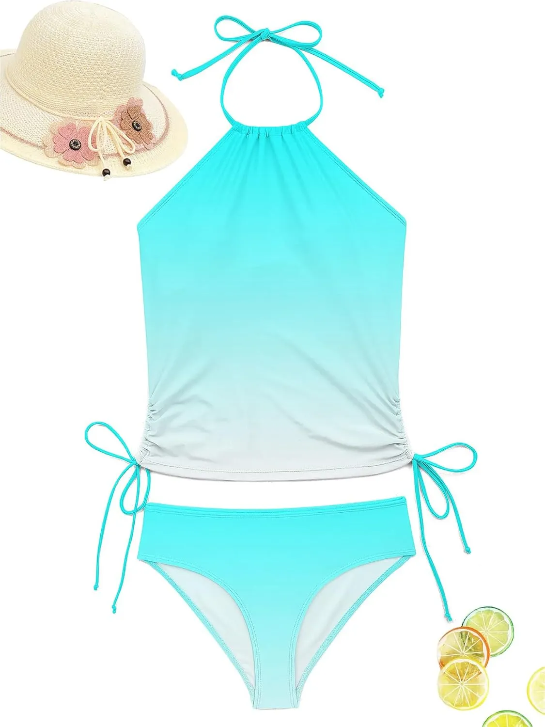 LVZIJUN Women's Tankini Sets Two Piece Bathing Suits Halter Neck Tummy Conrol Tankini Swimsuits Solid Color Thong Bottom