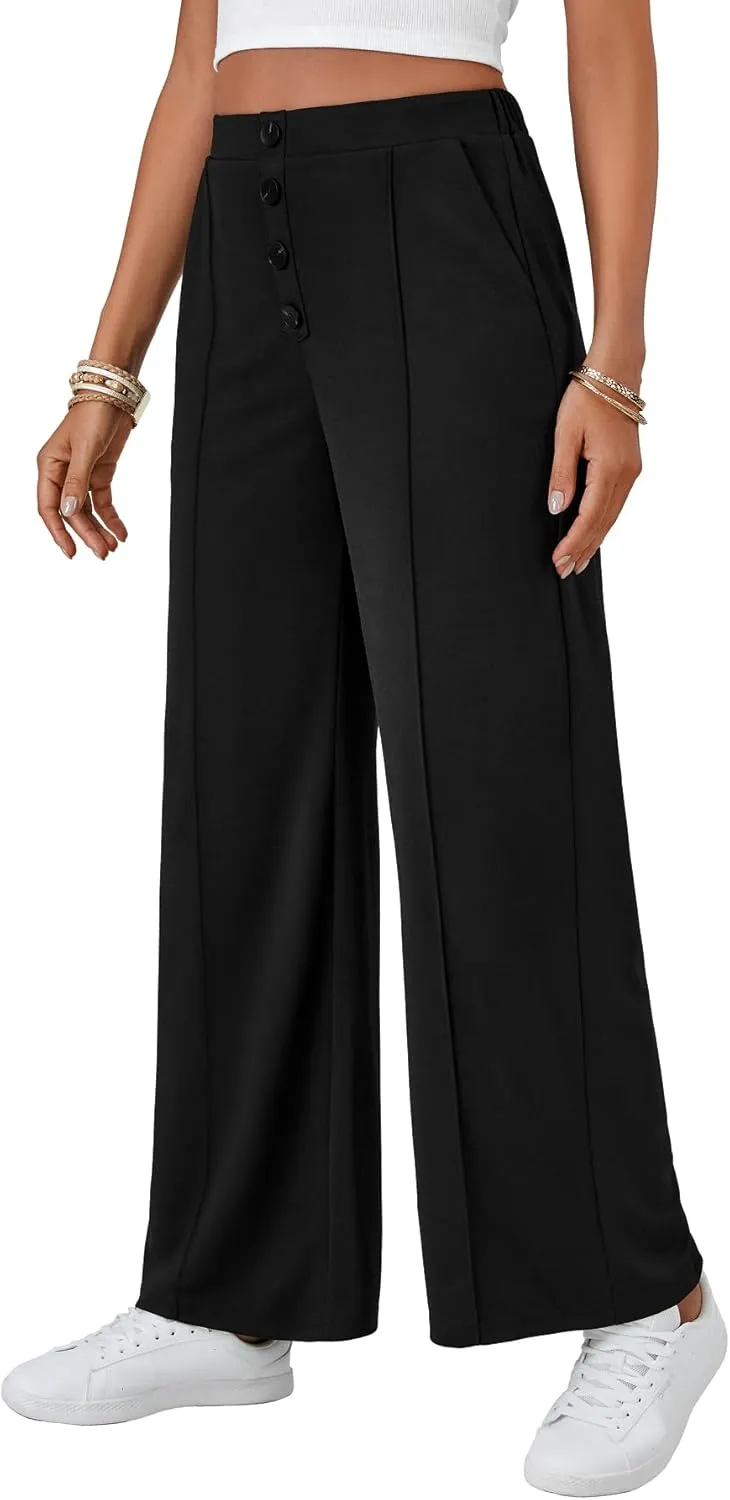 LYANER Womens Buttons High Waist Wide Leg Pencil Pants Joggers Trousers with Pockets
