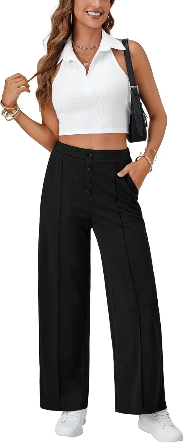 LYANER Womens Buttons High Waist Wide Leg Pencil Pants Joggers Trousers with Pockets