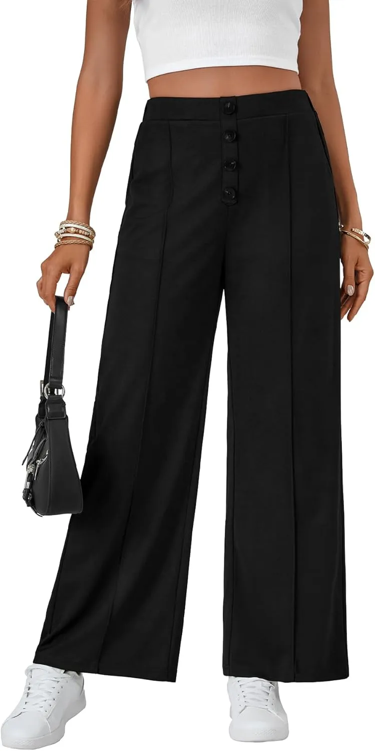 LYANER Womens Buttons High Waist Wide Leg Pencil Pants Joggers Trousers with Pockets
