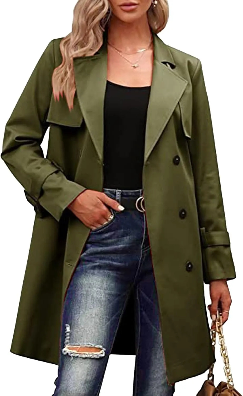 Maiyifu-GJ Trench Coat for Women Double Breasted Long Elegant Windproof Lapel Belted Overcoat Casual Windbreaker Jacket