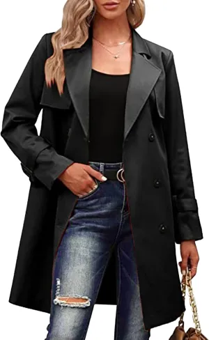 Maiyifu-GJ Trench Coat for Women Double Breasted Long Elegant Windproof Lapel Belted Overcoat Casual Windbreaker Jacket