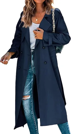 Maiyifu-GJ Trench Coat for Women Double Breasted Long Elegant Windproof Lapel Belted Overcoat Casual Windbreaker Jacket