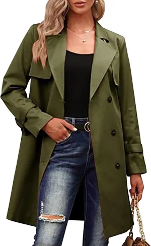 Maiyifu-GJ Trench Coat for Women Double Breasted Long Elegant Windproof Lapel Belted Overcoat Casual Windbreaker Jacket