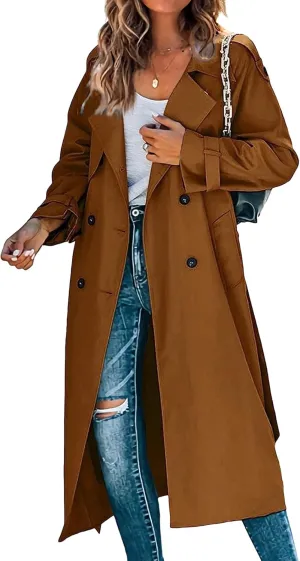 Maiyifu-GJ Trench Coat for Women Double Breasted Long Elegant Windproof Lapel Belted Overcoat Casual Windbreaker Jacket
