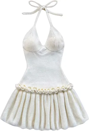 MakeMeChic Women's Halter Sweater Dress Tie Open Back Sleeveless Ruffle Y2k Knitted Mini Dresses