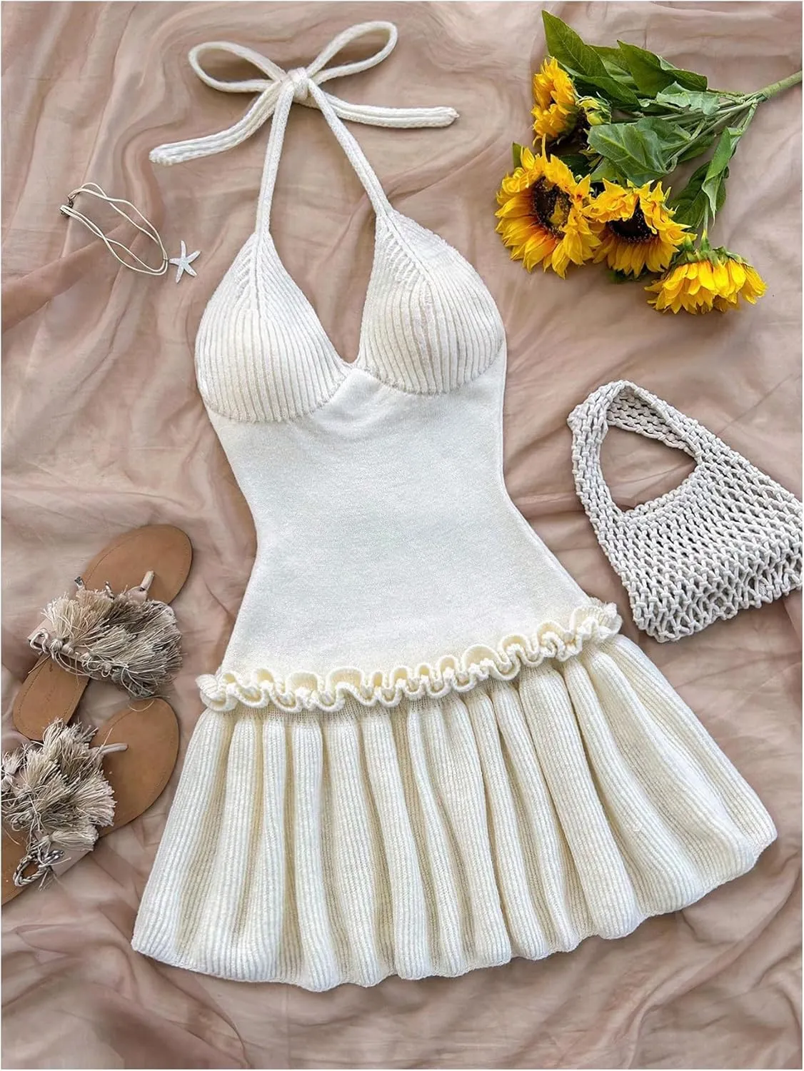 MakeMeChic Women's Halter Sweater Dress Tie Open Back Sleeveless Ruffle Y2k Knitted Mini Dresses