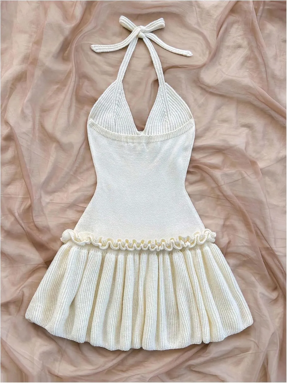 MakeMeChic Women's Halter Sweater Dress Tie Open Back Sleeveless Ruffle Y2k Knitted Mini Dresses