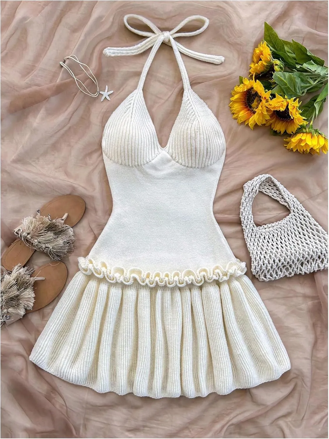 MakeMeChic Women's Halter Sweater Dress Tie Open Back Sleeveless Ruffle Y2k Knitted Mini Dresses
