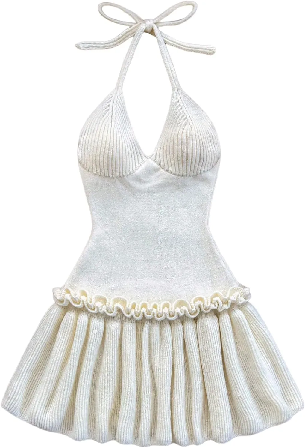 MakeMeChic Women's Halter Sweater Dress Tie Open Back Sleeveless Ruffle Y2k Knitted Mini Dresses