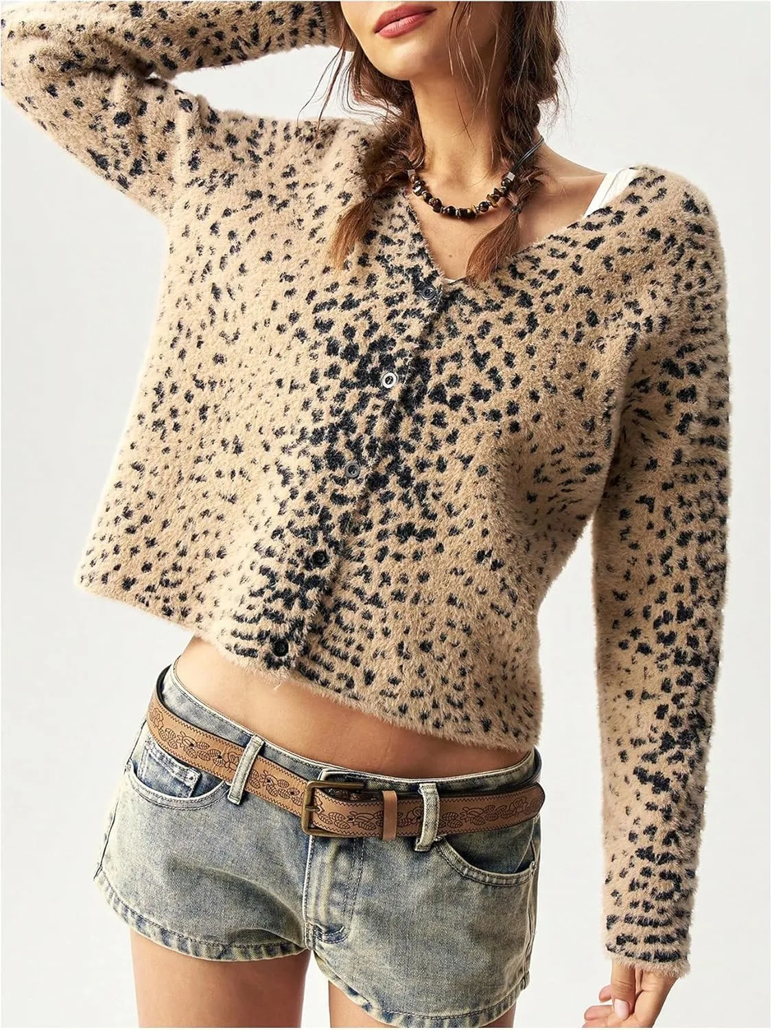 MakeMeChic Women's Leopard Print Button Down Cropped Cardigan Sweaters V Neck Fuzzy Long Sleeve Knit Tops