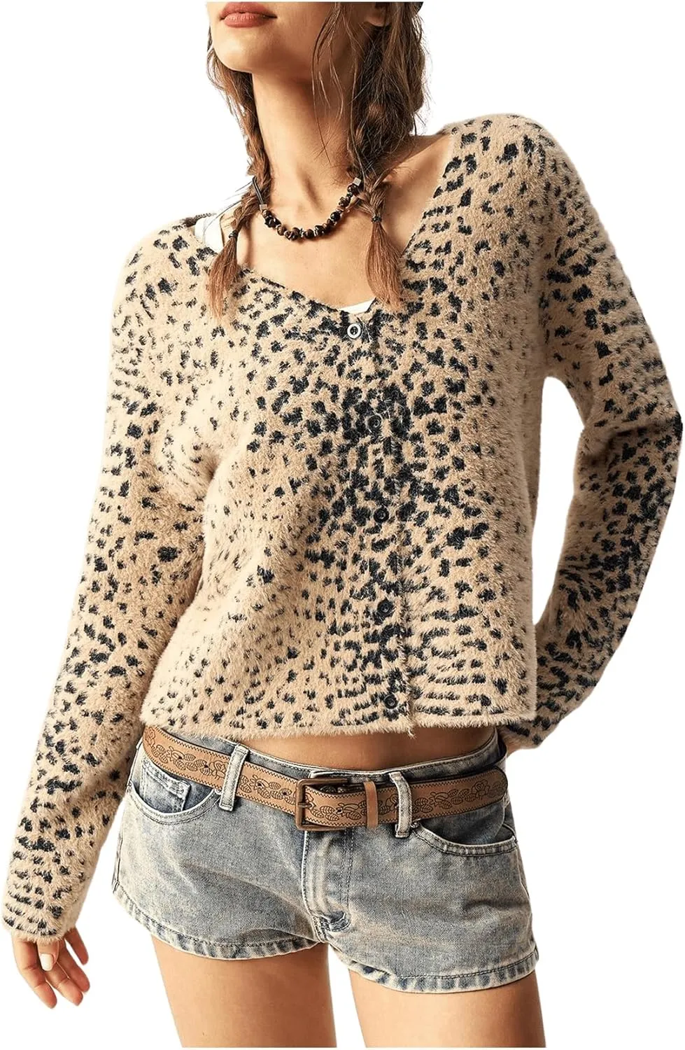 MakeMeChic Women's Leopard Print Button Down Cropped Cardigan Sweaters V Neck Fuzzy Long Sleeve Knit Tops