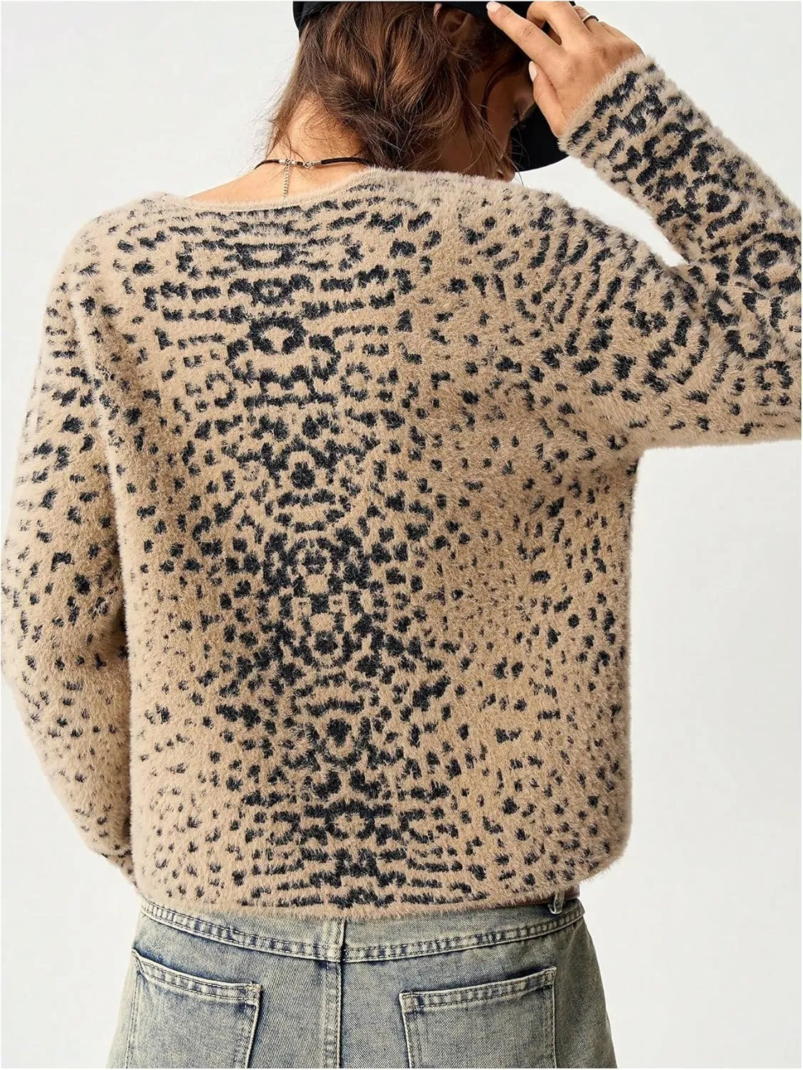 MakeMeChic Women's Leopard Print Button Down Cropped Cardigan Sweaters V Neck Fuzzy Long Sleeve Knit Tops