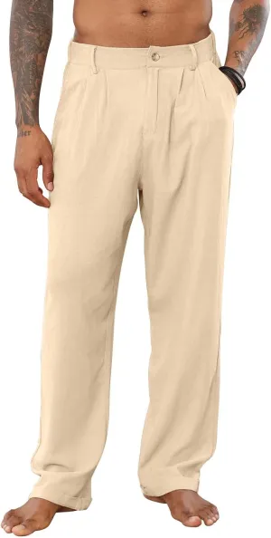 Mens Cotton Linen Pants Elastic Drawstring Waist Trouser Casual Loose Fit Yoga Beach Pants