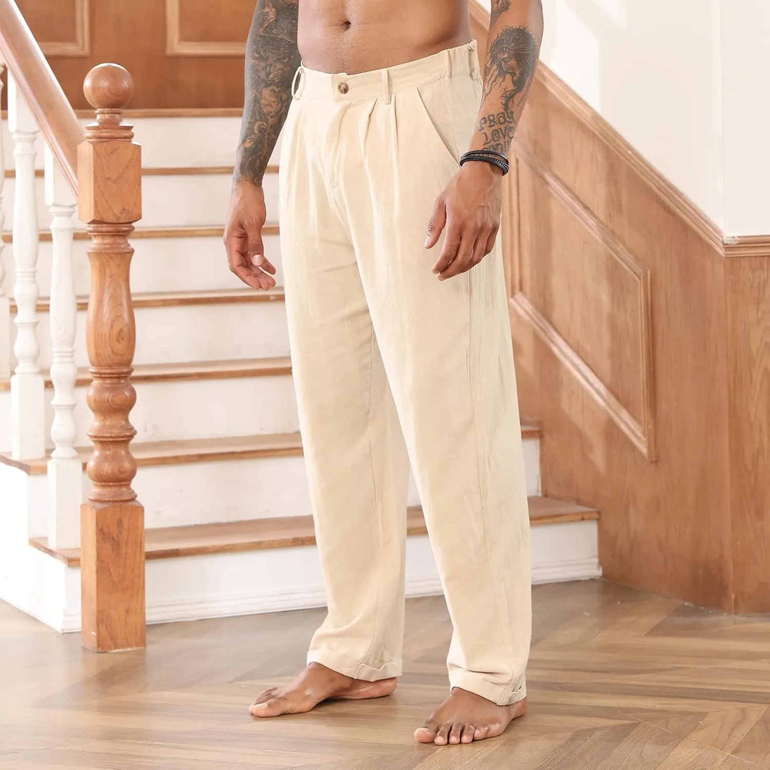 Mens Cotton Linen Pants Elastic Drawstring Waist Trouser Casual Loose Fit Yoga Beach Pants
