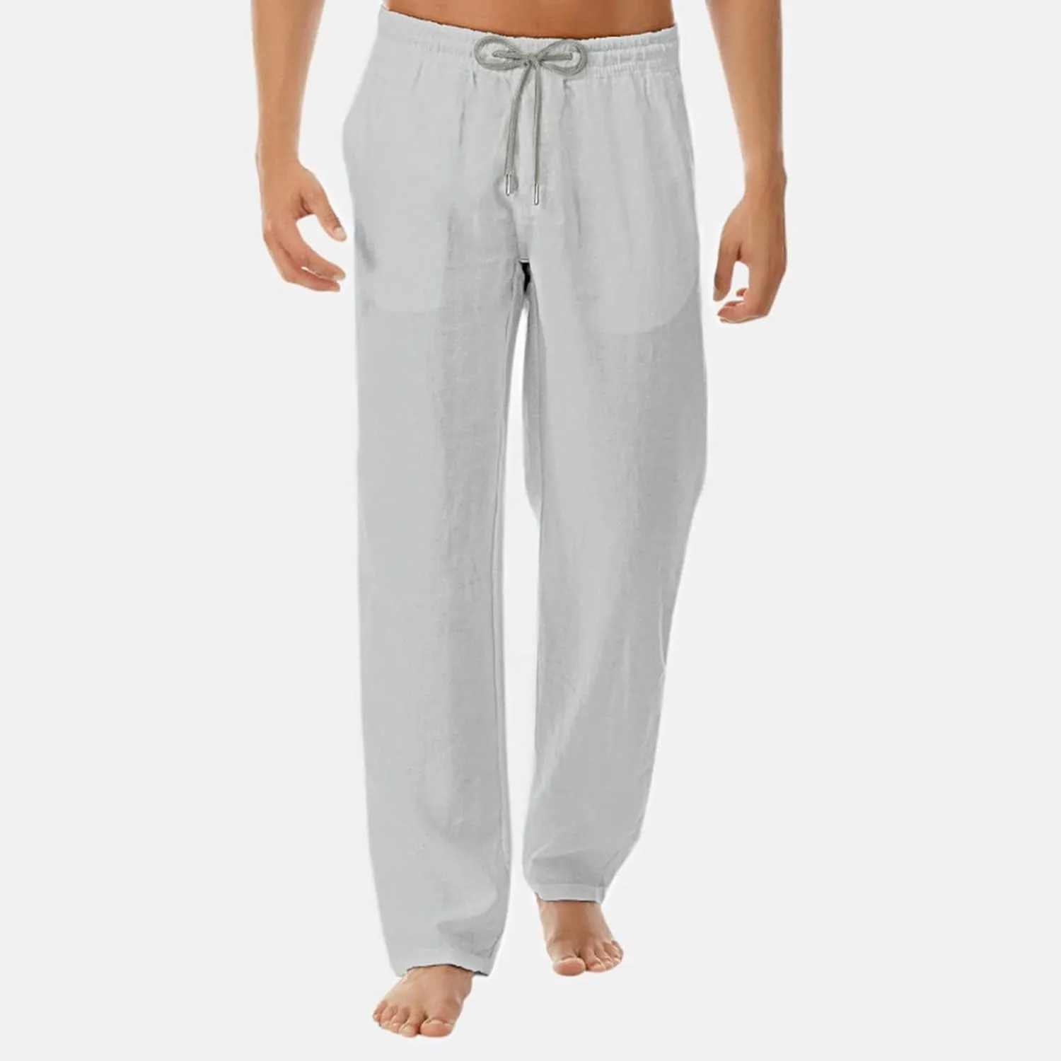 Mens Cotton Linen Pants Lightweight Drawstring Elastic Waist Trousers Loose Fit Hiking Joggers Yoga Beach Pants