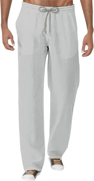 Mens Cotton Linen Pants Lightweight Drawstring Elastic Waist Trousers Loose Fit Hiking Joggers Yoga Beach Pants