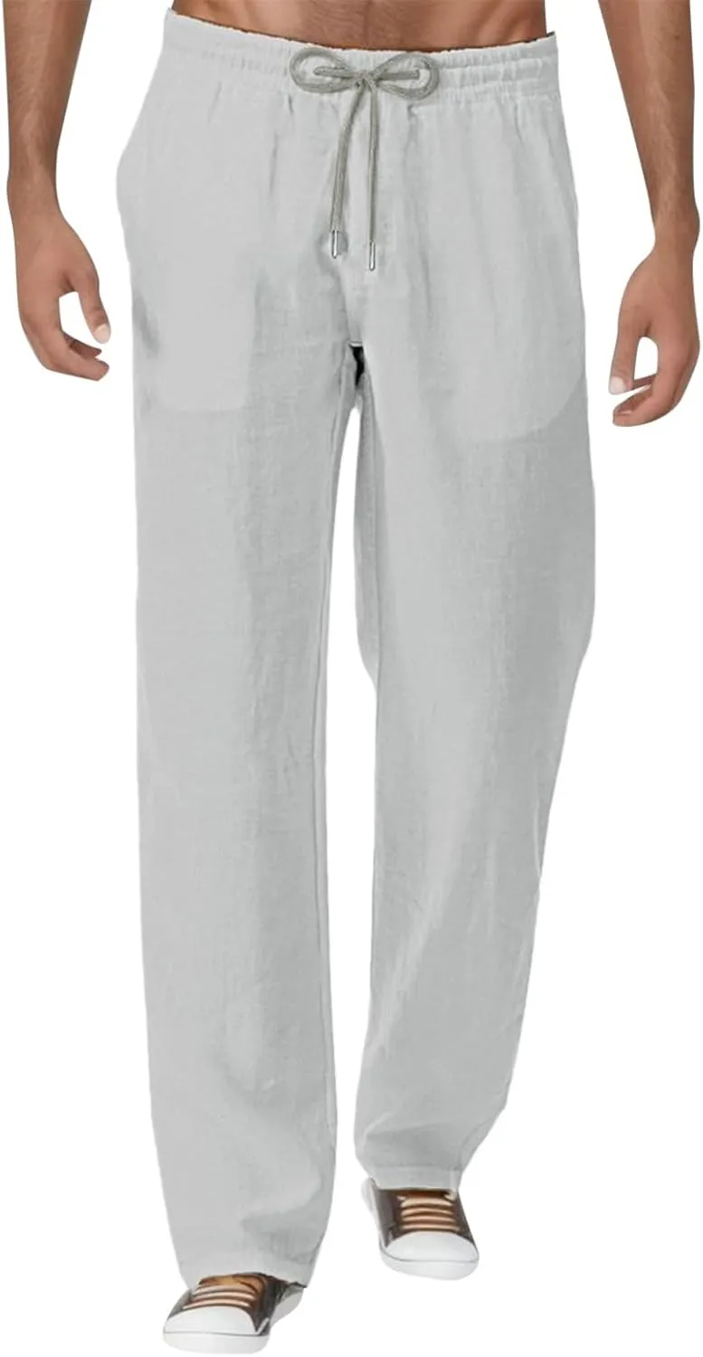 Mens Cotton Linen Pants Lightweight Drawstring Elastic Waist Trousers Loose Fit Hiking Joggers Yoga Beach Pants