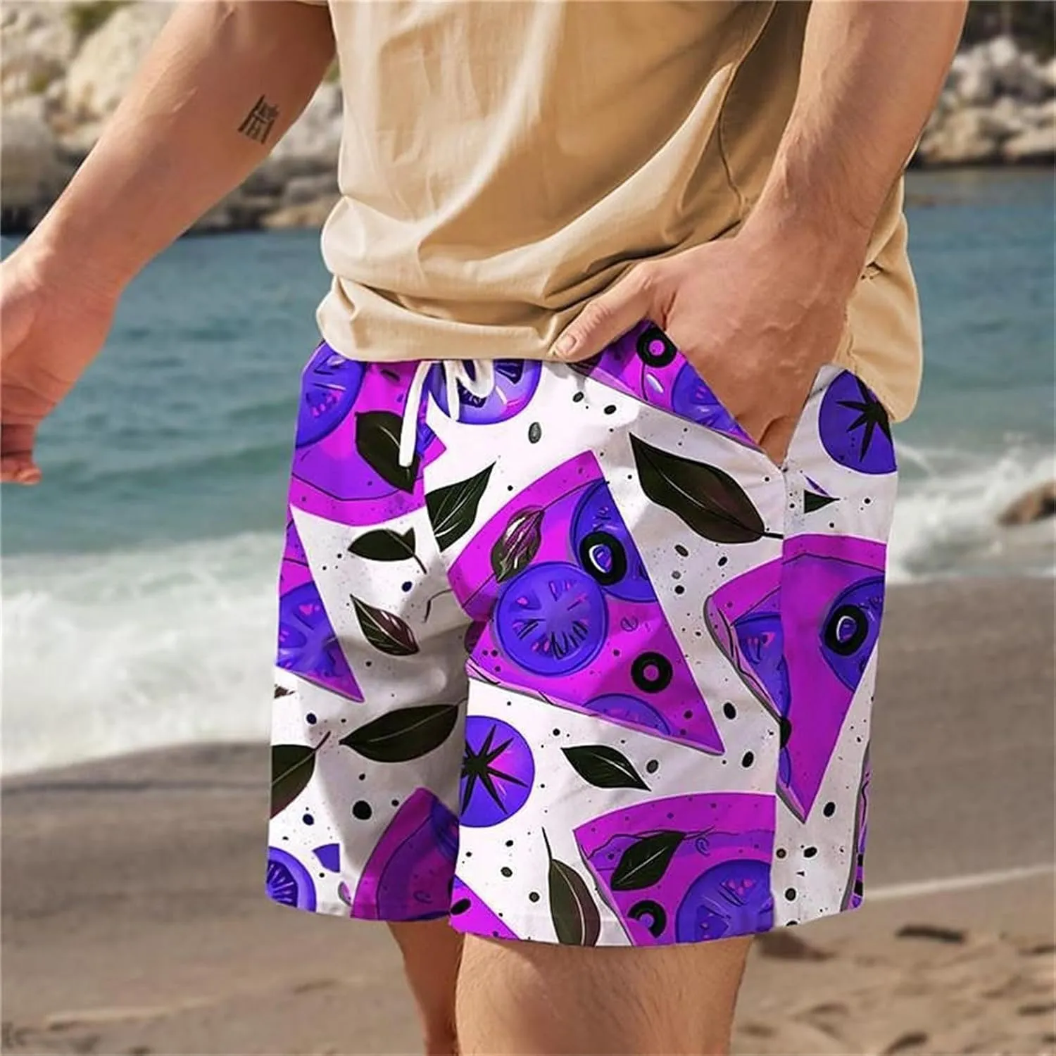 Mens Funny Beach Shorts 3D Printed Elastic Drawstring Combat Track Volleyball Capris Quick Drying Baggy Hawaiian Style Pants