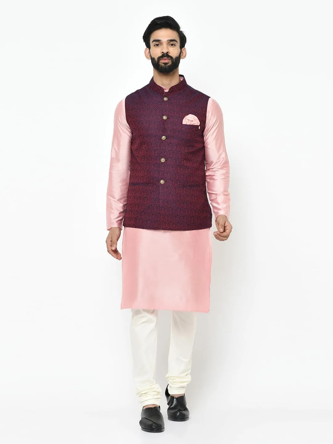 Men's Jacquard Silk/Cotton Blend Nehru Jacket- Traditional Indian Waistcoat for Weddings & Royal Parties