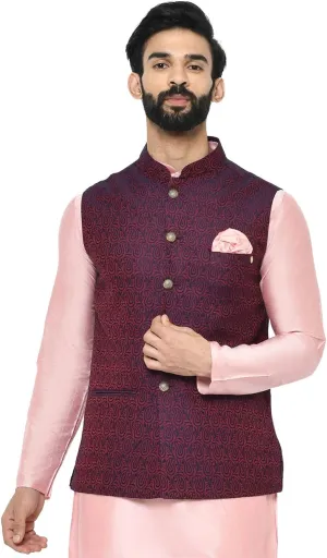 Men's Jacquard Silk/Cotton Blend Nehru Jacket- Traditional Indian Waistcoat for Weddings & Royal Parties