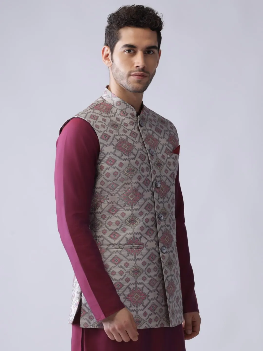 Men's Jacquard Silk/Cotton Blend Nehru Jacket- Traditional Indian Waistcoat for Weddings & Royal Parties