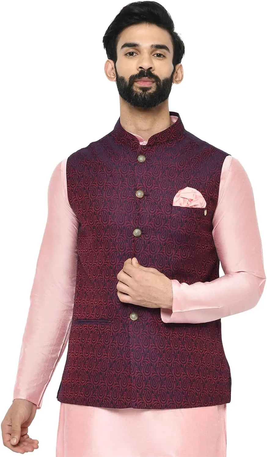 Men's Jacquard Silk/Cotton Blend Nehru Jacket- Traditional Indian Waistcoat for Weddings & Royal Parties