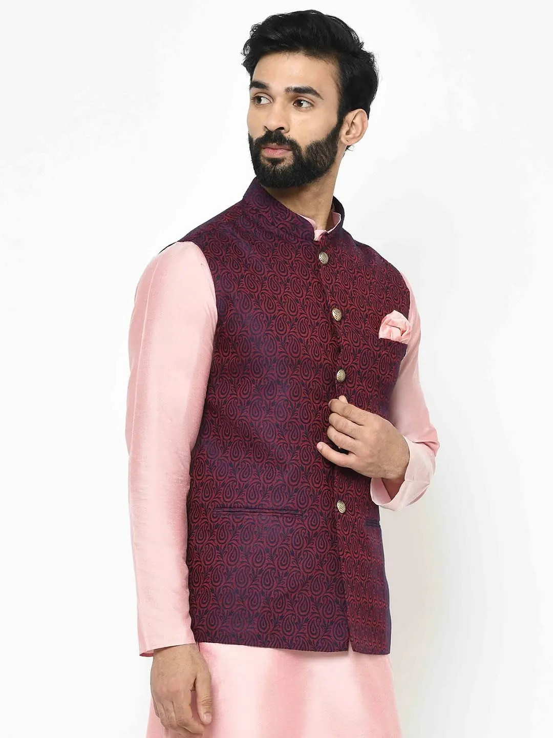 Men's Jacquard Silk/Cotton Blend Nehru Jacket- Traditional Indian Waistcoat for Weddings & Royal Parties