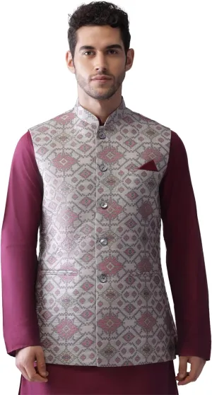 Men's Jacquard Silk/Cotton Blend Nehru Jacket- Traditional Indian Waistcoat for Weddings & Royal Parties