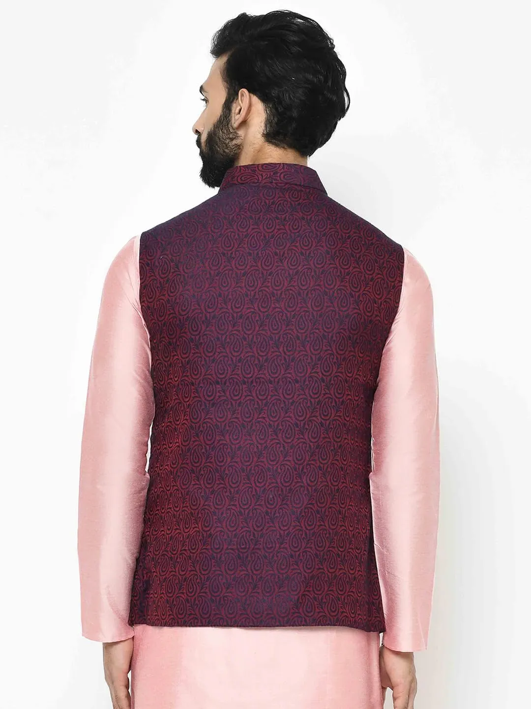 Men's Jacquard Silk/Cotton Blend Nehru Jacket- Traditional Indian Waistcoat for Weddings & Royal Parties