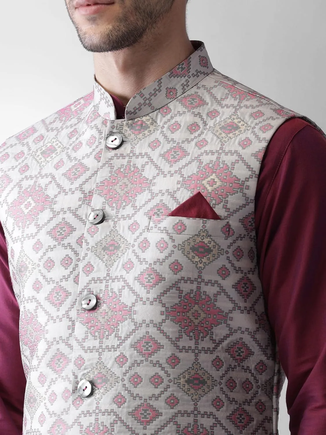 Men's Jacquard Silk/Cotton Blend Nehru Jacket- Traditional Indian Waistcoat for Weddings & Royal Parties