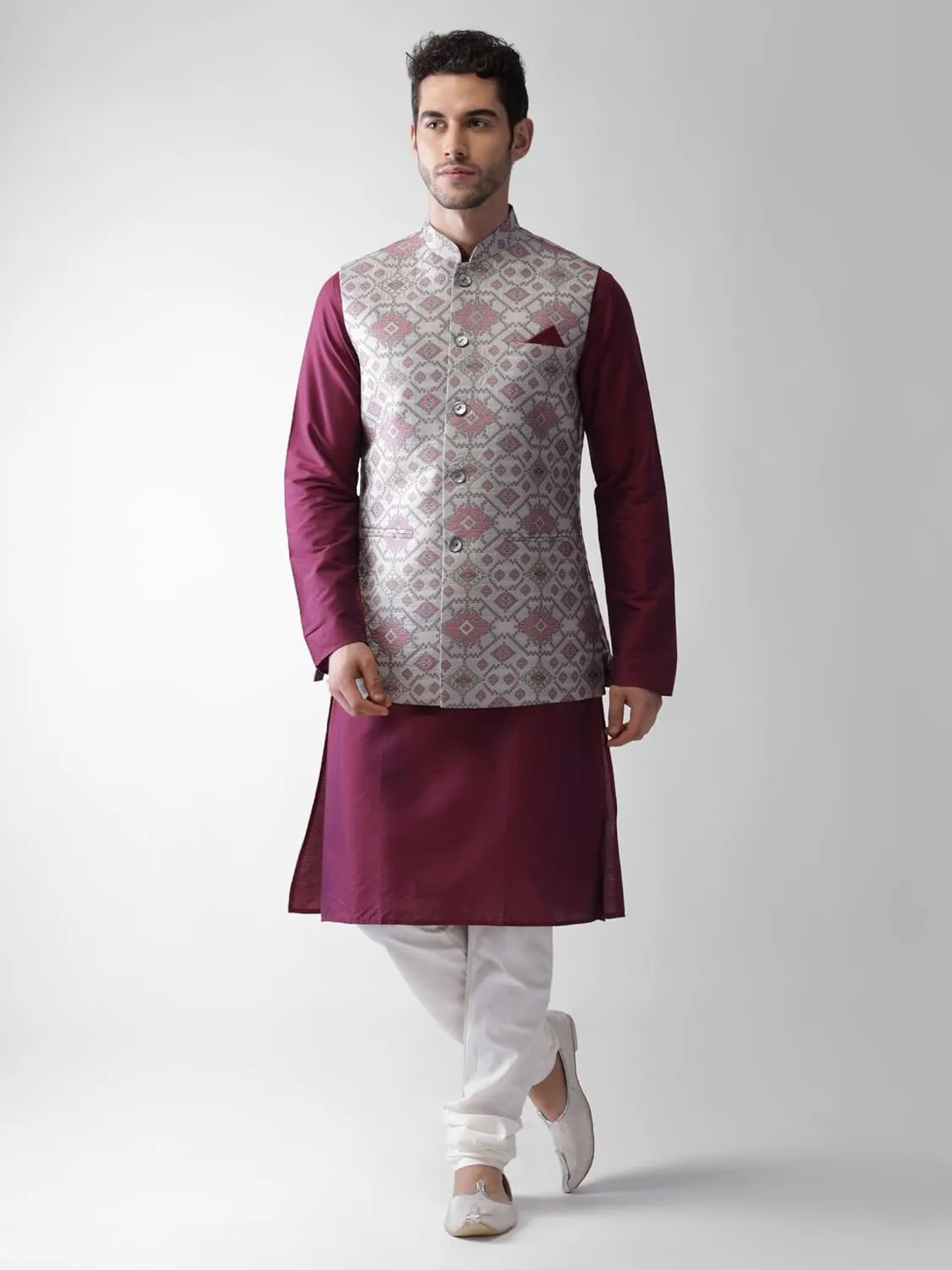 Men's Jacquard Silk/Cotton Blend Nehru Jacket- Traditional Indian Waistcoat for Weddings & Royal Parties