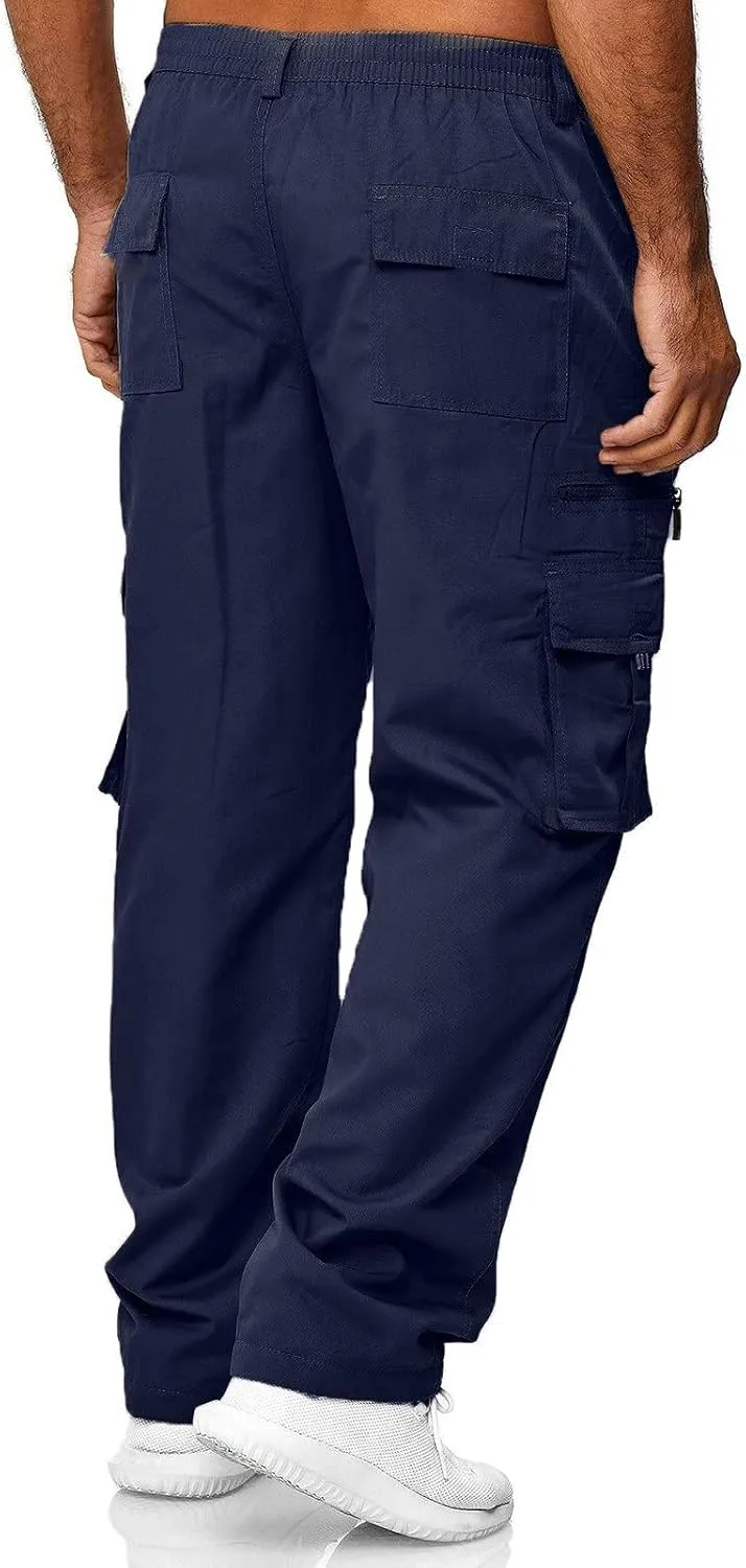 Men's Long Solid Color Cargo Pants Elastic Waistband Trousers Men's Jogger Pants Men's Slim-Fit Stretch Cargo Pant