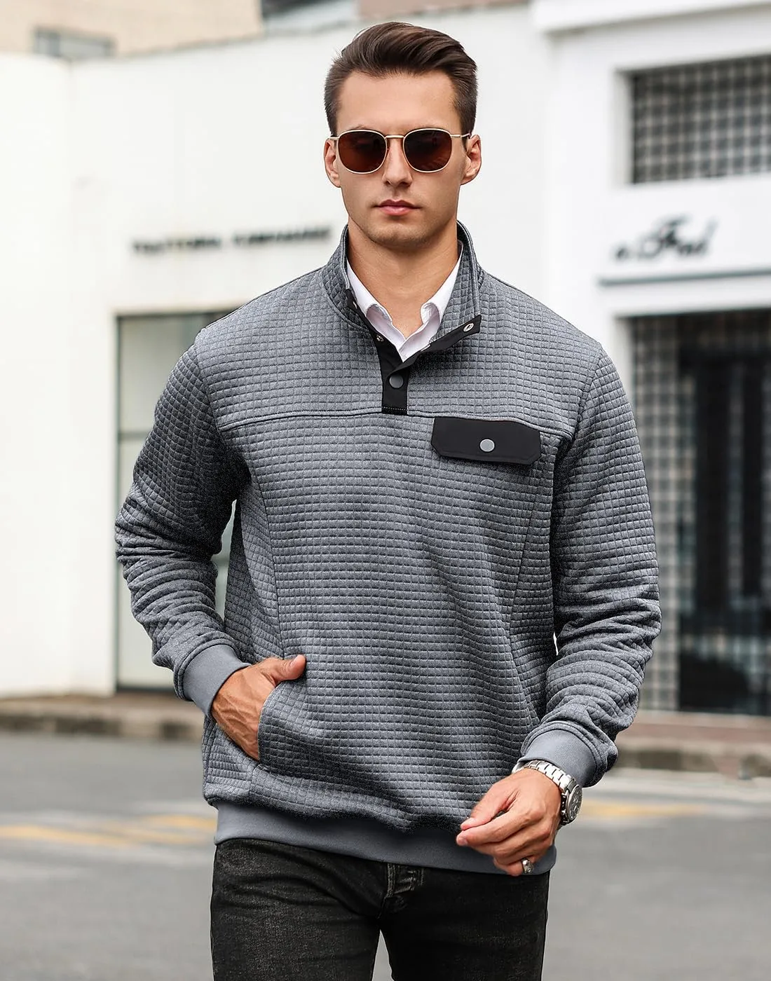 Men's Quilted Sweatshirt Casual Waffle Stand Collar Button Pullover Sweatshirts