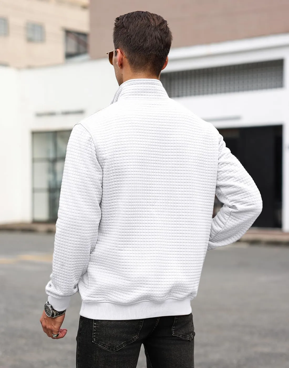Men's Quilted Sweatshirt Casual Waffle Stand Collar Button Pullover Sweatshirts