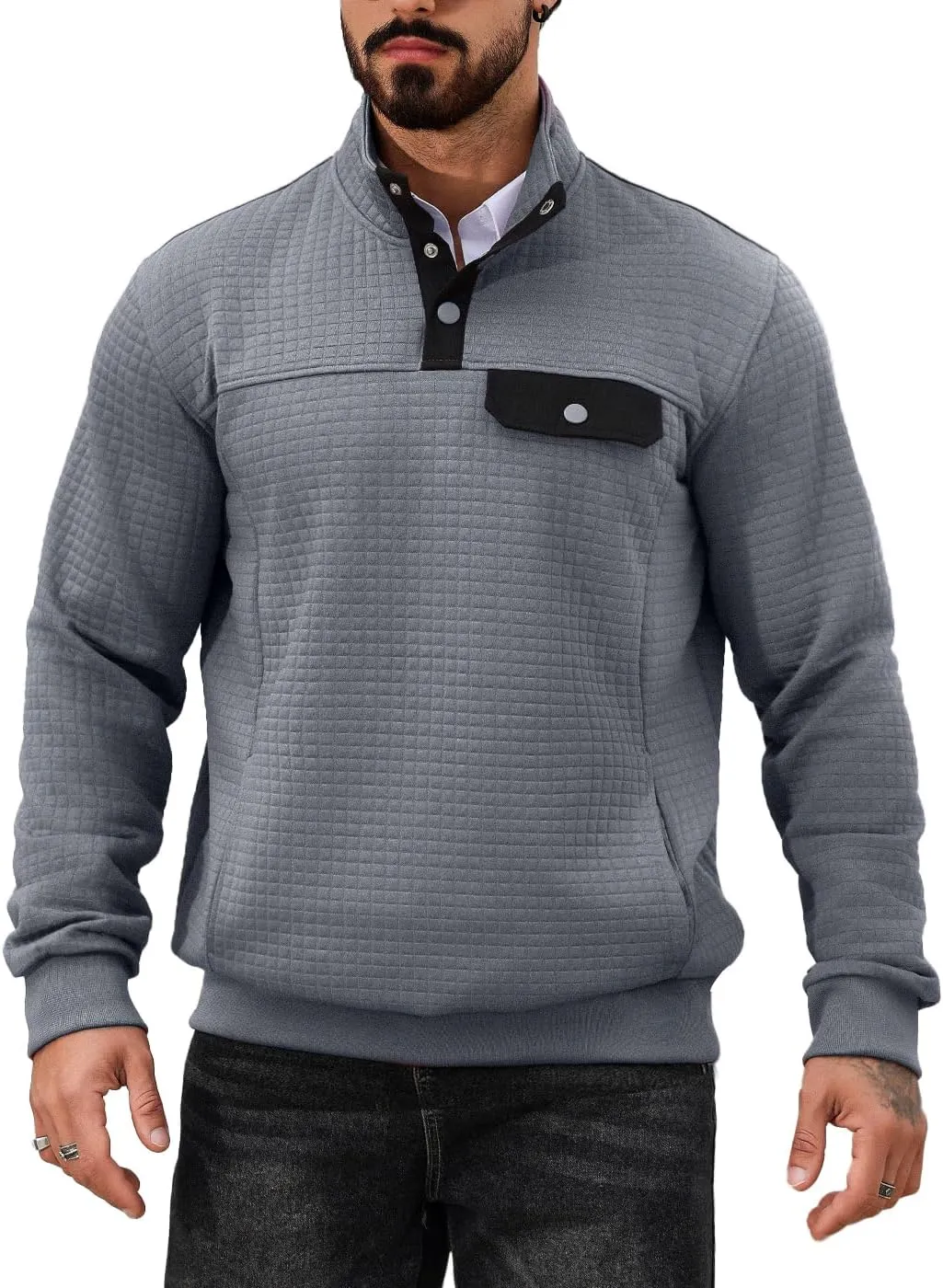 Men's Quilted Sweatshirt Casual Waffle Stand Collar Button Pullover Sweatshirts