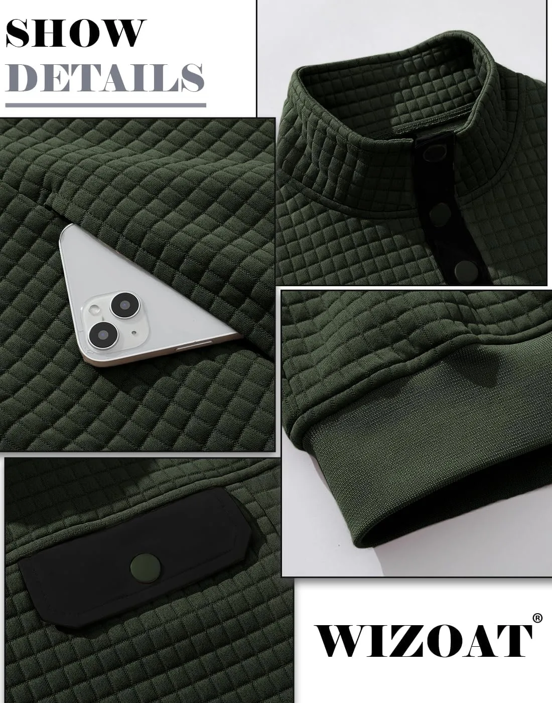 Men's Quilted Sweatshirt Casual Waffle Stand Collar Button Pullover Sweatshirts